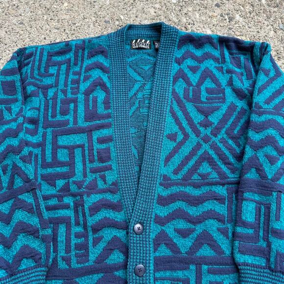 Vintage Nuovo New Forces Cardigan Teal / Navy Blue Knit Geometric Sweater - Picture 2 of 4